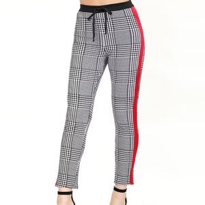 Zara Black and White Checkered Joggers with Red Stripe